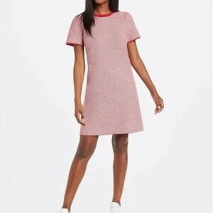 Draper James Pink Tweed Shift Dress with Red Trim Accents
